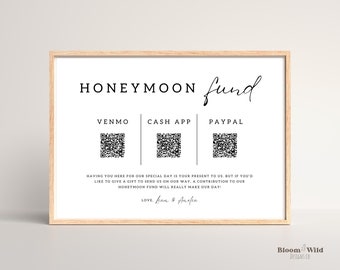 Fondo de luna de miel 3 códigos QR, plantilla Canva Signo Venmo de luna de miel, Signo de boda de código Qr editable, Plantilla de tarjeta de pozo de deseos minimalista, BW13