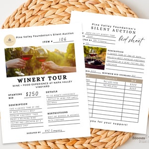 May include: A silent auction bid sheet for a winery tour in Napa Valley. The starting bid is $250. The description includes a guided tour of one of Napa Valley's most popular vineyards, followed by a relaxing wine tasting and luncheon by a renowned chef. The details include a 10-120 minute experience and a bottle of wine per guest included. The restrictions are that the tour must be booked in advance with the vineyard. The sheet includes contact information and a minimum bid increase of $50.