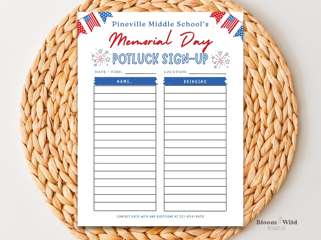 Memorial Day Potluck Sign up Sheet Editable, Potluck for BBQ, Potluck