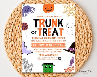 Trun or Treat Flyer, Halloween Vorlage zum Ausdrucken, Truhen oder Saures Kirche Veranstaltung, Truhen oder Saures Einladen Poster