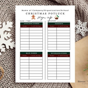 May include: A printable Christmas potluck sign-up sheet with sections for appetizers, main dishes, desserts, and beverages. The sheet features a gingerbread man and a cupcake graphic.