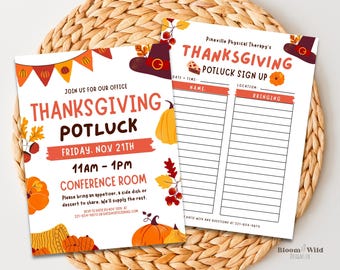 Thanksgiving Potluck Einladung und Sign Up Sheet bearbeitbar, Thanksgiving Luncheon Flyer, Ferienbüro oder Schulfeier Canva Vorlagen