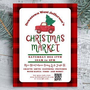 Può includere: Un poster a quadri rosso e bianco con un camioncino rosso che trasporta un albero di Natale verde. Il poster pubblicizza un mercatino di Natale nel centro di West Jefferson's il sabato 17 dicembre dalle 10:00 alle 16:00. Il mercato si terrà su Main Street tra Snowy La & Jingle St. Il poster elenca artigianato, regali, abbigliamento, foto, cibo e molto altro. Include anche un codice QR per maggiori informazioni.