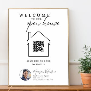 Visite libre de l'immobilier avec code QR, plaque de bienvenue portes ouvertes, modèle Canva de feuille de connexion numérique portes ouvertes, code QR pour agents immobiliers