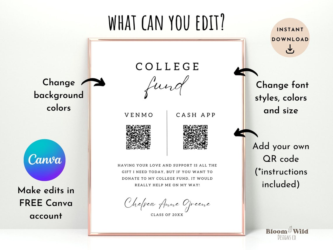 Graduation QR Code Sign, College Fund QR Code Canva, Venmo QR Code ...