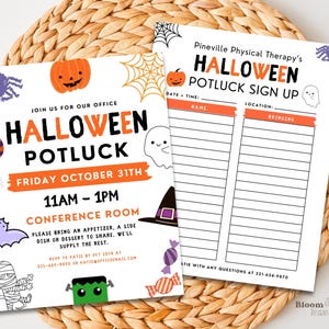 Halloween Potluck Einladung und Registrierungsbogen, Halloween Luncheon Flyer, bearbeitbare Canva-Vorlagen für Urlaubsarbeit, Büro oder Schulparty