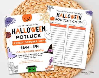 Halloween Potluck Einladung und Registrierungsbogen, Halloween Luncheon Flyer, bearbeitbare Canva-Vorlagen für Urlaubsarbeit, Büro oder Schulparty