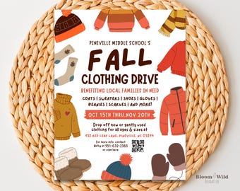 Herbst Kleidung Drive Flyer Vorlage, Mantel Fundraiser Event, Socktober Invite Poster, Kirche Schulspenden, PTO PTA Charity Drive