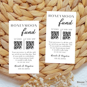 Karta z kodem QR na miesiąc miodowy, wkładka z kodem QR na miesiąc miodowy Venmo, szablon Canva karty życzeń na miesiąc miodowy, wieczór panieński na miesiąc miodowy, BW10