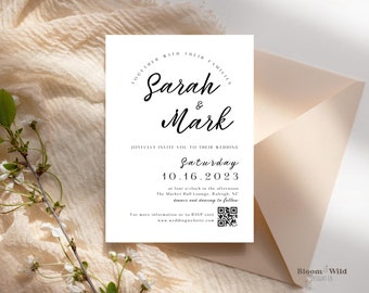 Printable Wedding Invitation with QR code, Minimalist Wedding Invitation Template, Minimal Wedding Invitation Card, Simple Invitation, BW10