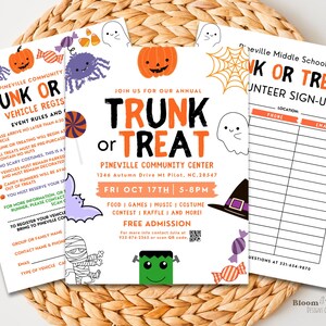 Pode incluir: Três folhetos com tema de Halloween com as palavras "Trunk or Treat" em laranja e preto. Os folhetos apresentam ilustrações de abóboras, aranhas, fantasmas e doces. Um folheto é uma folha de inscrição de voluntários.