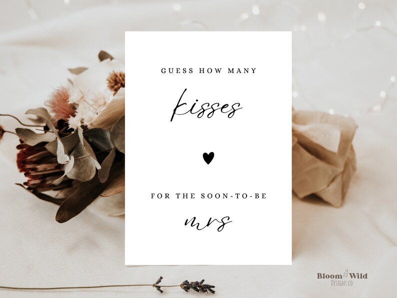 Guess How Many Kisses Bridal Shower Game Set - 1 Sign & 50 Cards, Pink Floral Wedding Party Activity - View #3