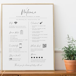 Welkomstkaart voor Airbnb-hosts Canva, welkomstbord vakantiewoning afdrukbaar, gastaankomstposter, dingen om te weten QR, sjabloon voor huisregels