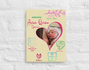 May include: A canvas print with a baby's photo inside a pink heart. The print includes the baby's name, birth date, time, and weight, along with the parents' names. The background is a light yellow color, and the text is in pink and teal.
