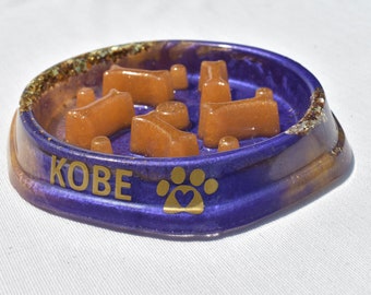 Personalized Purple & Gold Dog Bowl • SLOW FEEDER Dog Bowl • Custom Purple/Gold Resin Dog Bowl • Pet Bowl with Name •  Pet Lover Gift