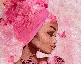 May include: A digital painting of a woman with pink flowers in her hair and a pink turban. She is wearing a pink and white floral dress and has a pink butterfly on her shoulder. The background is a pink and white glitter.