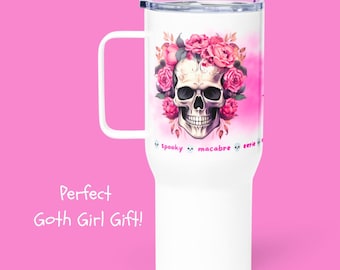 Personalized Gothic Travel Mug, Skull and Roses Mug, Goth Gift for Her, Halloween Mug, 25 oz Commuter Coffee Mug