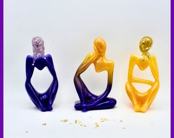 3-Piece Thinker Statuette Set, Gift for Thinker, Living Room Décor, Home Office, Home Library, Bookshelf Décor, Mantelpiece, Purple Gold
