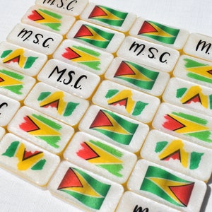 May include: Rectangular white dominoes with the flag of Guyana, featuring red, yellow, green, and black colors. The text "m.s.c." is written in black cursive on some of the dominoes. The dominoes are arranged in a grid.