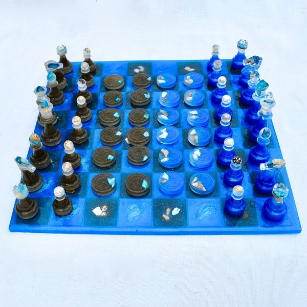 Beach Themed Chess-Checkers Gift, Ocean Chess-Checkers Set, Seashell Resin Chess Game (full set), Custom Chess Set, Traditional Chess Set