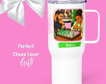 Personalized Chess Travel Mug, Pink and Green Chess Mug Gift for Her, Chess Birthday Gift, Sorority Chess Lover Gift, Queen Gift