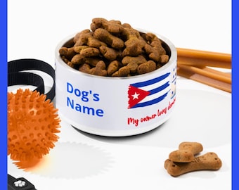 Personalized Dog Bowl Stainless Steel Double Walled Cuban Flag Domino Design Pet Dish Custom Name Engraved Puppy Gift Hispanic Heritage