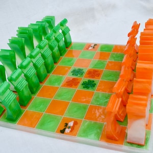 Irish Pride Chess Set • Premium Irish Themed Chess Set • St. Patrick’s Chess Set • Irish Tri-color Resin Chess Game • Custom Chess Set