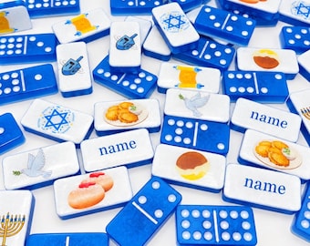 Hanukkah Game Gift Personalized Menorah Tile Domino Set Jewish Family Activity Chanukah Celebration Star David Symbol Blue White Double Nine
