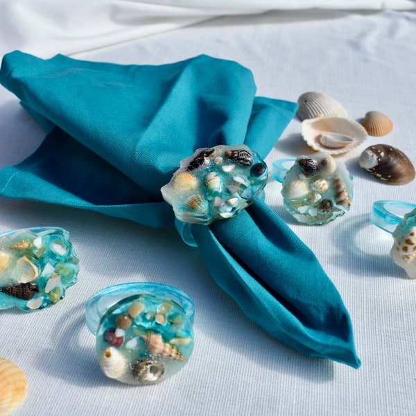 Ocean Themed Napkin Rings • Beach Napkin Rings • Seashell Décor • Teal Napkin Ring Set •Seashell Napkin Rings • Coastal Napkin Holders