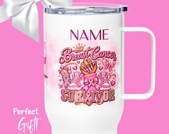 Personalized Breast Cancer Survivor Travel Mug, 25 oz Cancer Support Gift for Her, Pink Breast Cancer Awareness Mug, Survivor Gift
