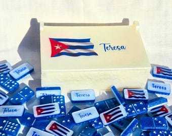 Double Nine Dominoes Cuban Flag Artwork Personalized Domino Set Gift Her Handcrafted Game Tile Resin Blue White Heritage Keepsake Custom