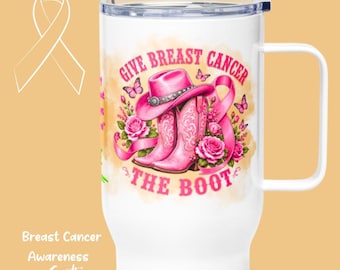 Pink Cowgirl Mug Personalized Travel Tumbler Custom Name Drinkware Cancer Awareness Gift Women Warrior Birthday Present Survivor Coffee Cup