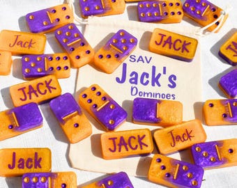 Purple & Gold Domino Gift • Custom Dominoes Set • Made-to-Order Dominoes • Double Six 28 Dominos • Personalized Dominoes  • Frat Gift