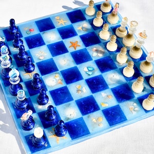 Beach Themed Chess Set, Coastal Decor, Ocean Chess Set, Starfish Sand Dollar Seashells, Ocean Life, Beach Comber Life, Gift for Him or Her