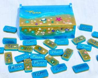 Personalized Beach Dominoes Set • Beach Themed Domino Set • Seashell Dominoes • Ocean Dominoes Set • Double Six 28 Dominos • Dominoes Gift