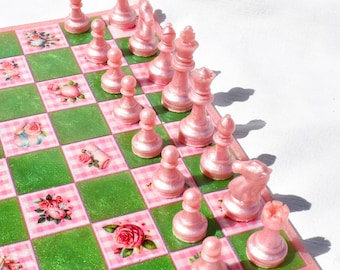 Pink and Green Chess Set, Sorority Chess Set, Chess Set for Her, Gingham Chess Set, Personalized Chess Set, Birthday Gift, Pampered Gift