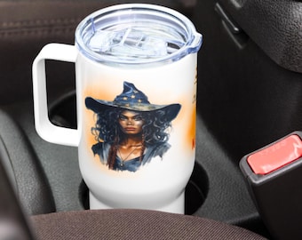Personalized Afro Witch Travel Mug, Domino Player Halloween Gift, Black Girl "Magic"