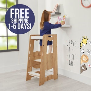 Adjustable Kitchen Step Stool Tower | Montessori Kitchen Standing Step Stool | Toddler Kitchen Tower for Learning | Helper Kitchen Tower