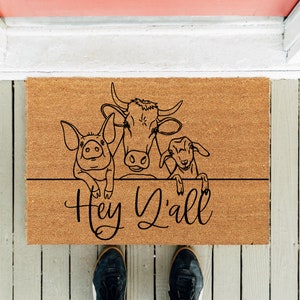 Farm Animals Hey Y&#39;All Doormat | Funny Doormat | Funny Gift | Home Mat | Front Door Rug | Housewarming Gift | Father&#39;s Day | Cow Goat Pig