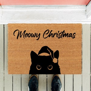 Meowy Christmas Door Mat | Welcome Mat | Christmas Cat Doormat | Funny Doormat | Cat Rug | Housewarming Gift | Funny Gift | Black Bombay Cat