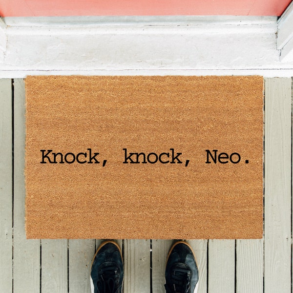 Knock Knock Neo | Funny Doormat | Trilogy Doormat | Homeowner Door Mat | Front Door Rug | Housewarming Gift | Funny Gift | White Rabbit