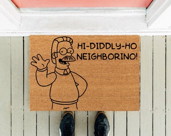 Hallo Diddly Ho Neighborino | TV-Show Fußmatte | Lustige Fußmatte | Ned Flandern | Fußmatte | Bekannte TV-Serie | Einweihungsparty Geschenk | Lustige Geschenke