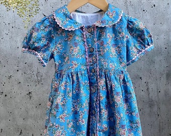 Toddler girl blue flower birthday dress with Peter Pan collar