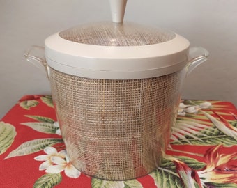 VTG Raffia Ware Ice Bucket in Tan - Insulated Plastic - 1960's