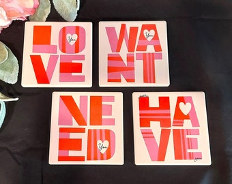 LOVE Ceramic Coasters / Retro Design / Set of Four