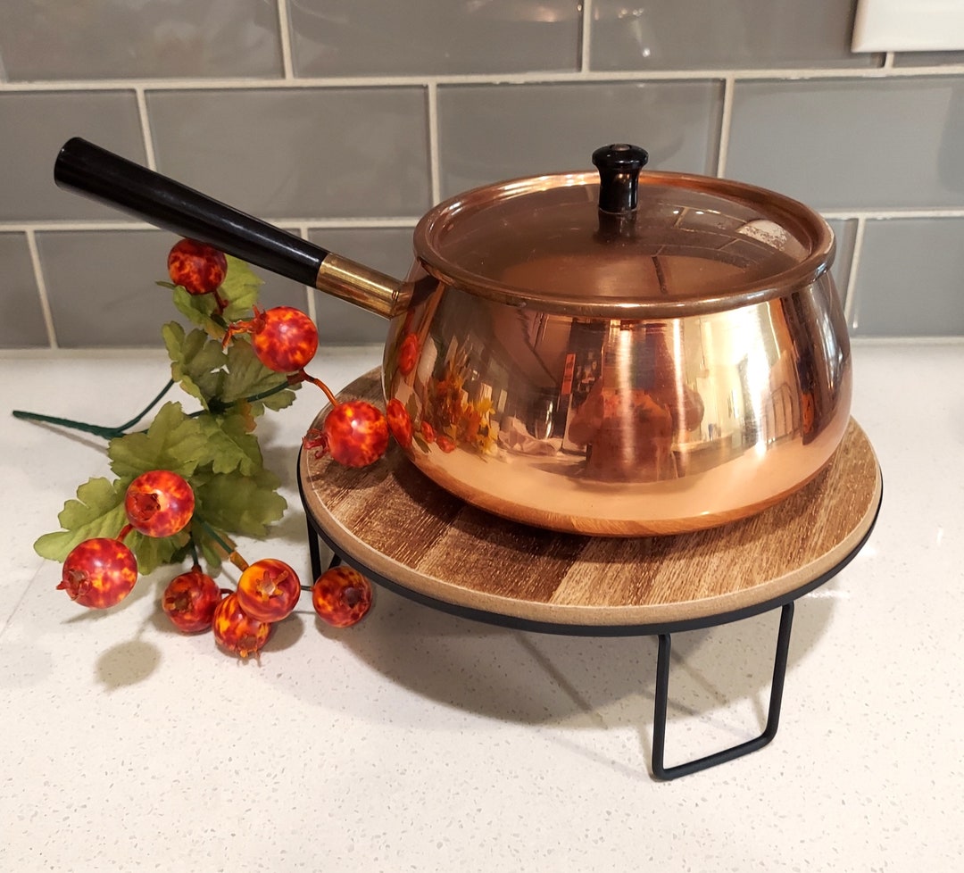 VTG Copper Fondue Pot W/ Stainless Lining, Brass Detail and Bakelite