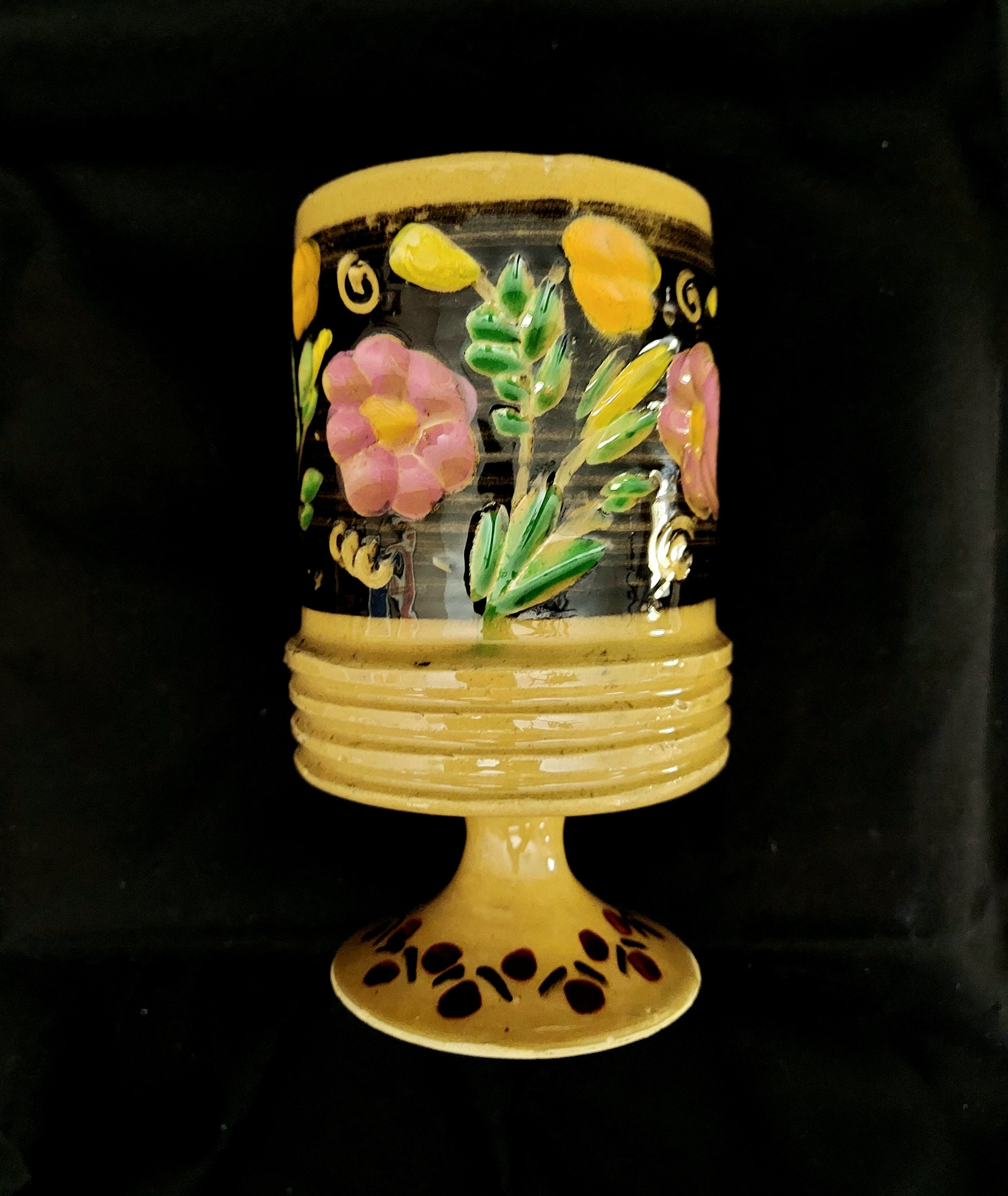 Glazed Pedestal Vase With Hand Painted and Carved Flowers and Etsy