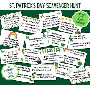 May include: A set of 16 printable St. Patrick's Day scavenger hunt clue cards. Each card features a green shamrock, a leprechaun, and a fun rhyme to help find the next clue. The cards are perfect for a fun family activity.
