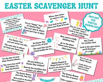 May include: A set of 16 printable Easter scavenger hunt clue cards. The cards are pink with colorful Easter-themed illustrations and text. The text on the cards includes clues for an Easter egg hunt. The cards are designed to be printed and used for an Easter egg hunt.