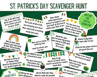 St. Patrick's Day Scavenger Hunt Printable Rhyming Card Clues - St. Patty's Party Game Treasure Hunt Hints for Kids - Instant Download